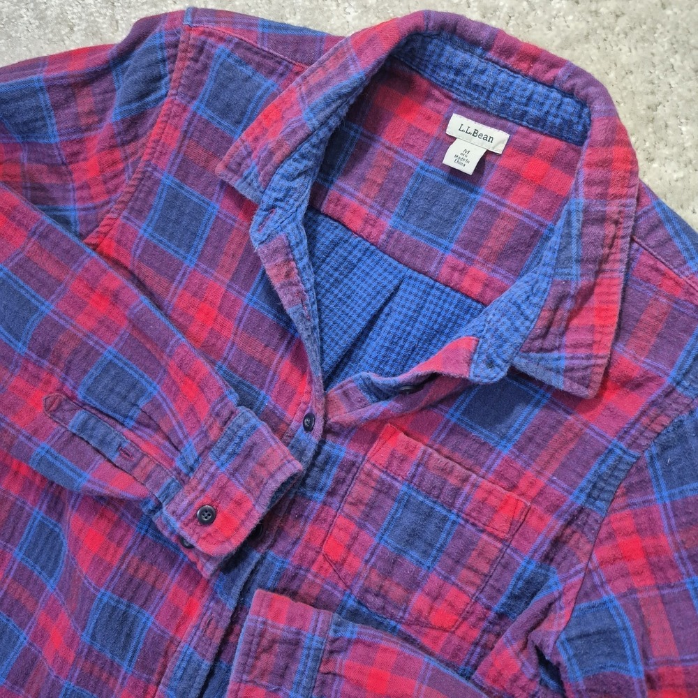 LL Bean Womens Flannel Shirt Medium Red Jewel Double Knit Button Up Outdoor Work